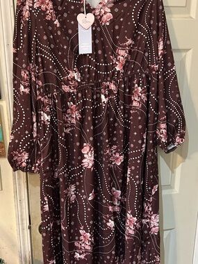Riviera Womens' Burgundy Floral A-Line Dress with Pink Accents. MIDI